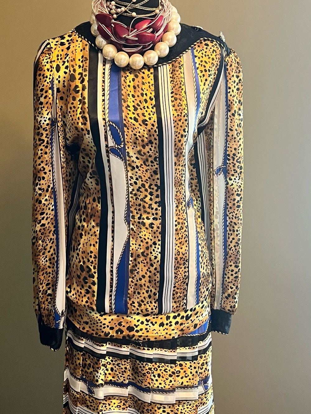 Yellow Leopard & Stripe Long-Sleeve 2-Piece Skirt Set